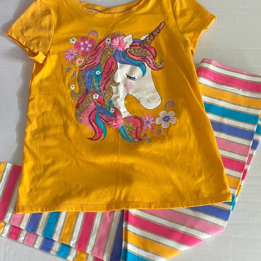 NWOTsCynthia Rowley Yellow Unicorn T-Shirt and Striped Leggings Set